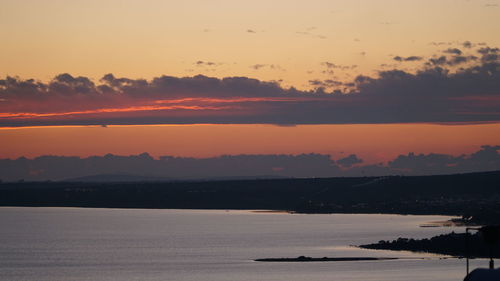 Scenic view of sea against romantic sky at sunset