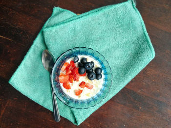 High angle view of breakfast on table