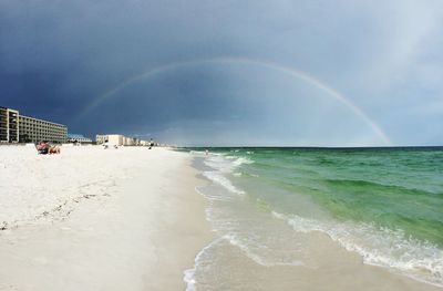 View of rainbow over calm sea