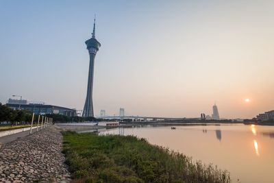 View of city at riverbank during sunset