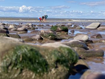 People on rocks at beach against sky
