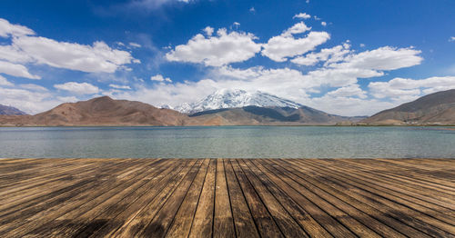 Scenic view of lake by mountains against sky