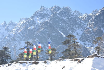 Snow covered land and mountains against sky