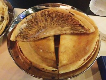 High angle view of bread in plate on table