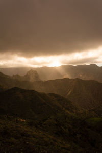 Scenic view of mountains against sky during sunset