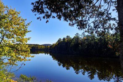 Scenic view of lake against clear blue sky