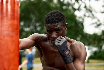 Young boxer practicing outdoors