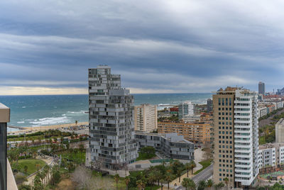 High angle view of buildings against sky