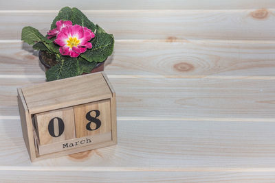 Wooden march 8 calendar, next to flower pots on wooden table. selective focus. happy womans day