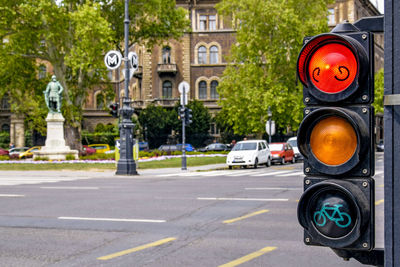 Traffic light on andrassy avenue - main street of hungarian capital. historic center of budapest.