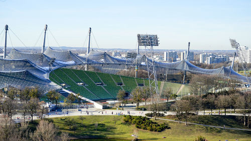Panoramic view of buildings in city against sky
