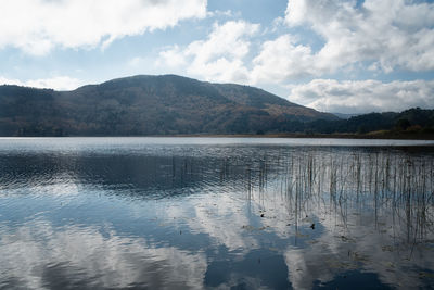 Scenic view of lake by mountains against sky