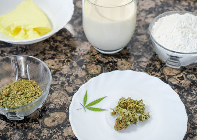 High angle view of food on table