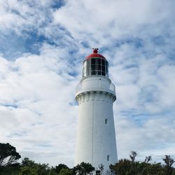 Low angle view of lighthouse by building against sky