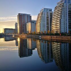 Reflection of buildings in lake during sunset