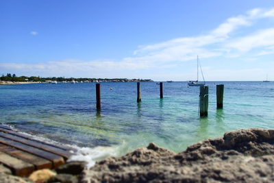 Scenic view of sea against blue sky