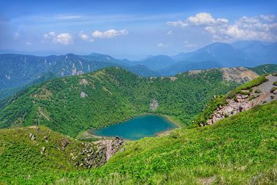 High angle view of lake and mountains against sky