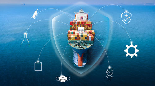 Digital composite image of ship in sea