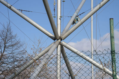 Low angle view of chainlink fence against clear blue sky