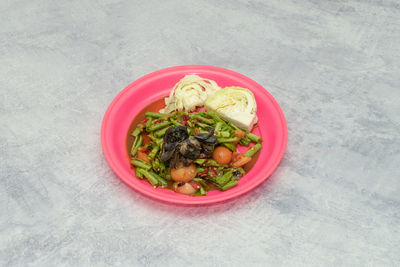 High angle view of meal served on table