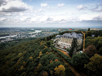 High angle view of buildings against sky