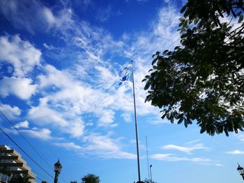 Low angle view of trees against blue sky