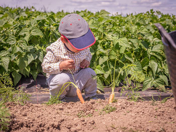 Cute boy crouching at farm