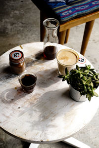 High angle view of drink on table