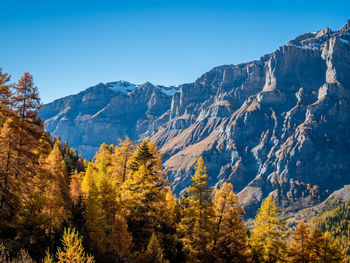Scenic view of mountains against clear blue sky