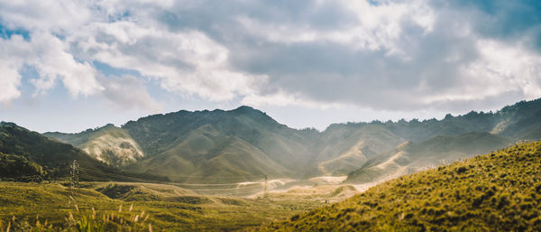 Panoramic view of landscape and mountains against sky