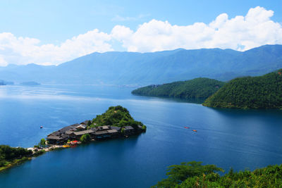 Scenic view of bay against sky