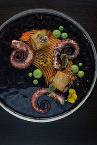 High angle view of food in plate on table