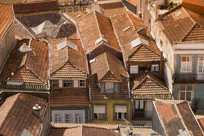 High angle view of houses in town