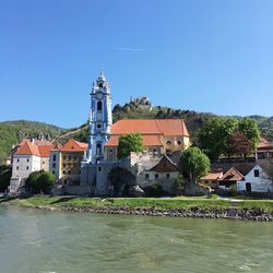 Buildings against clear blue sky