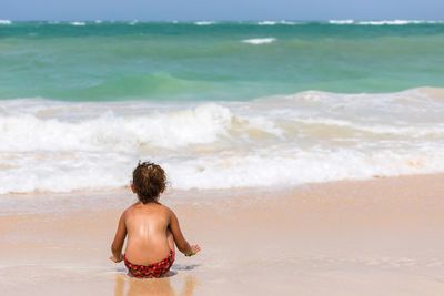 Rear view of shirtless man on beach