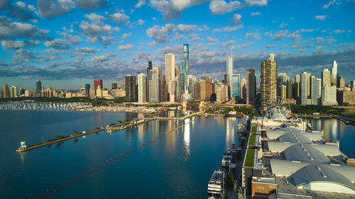 High angle view of city at waterfront