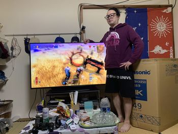 Man standing on table