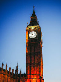 Low angle view of clock tower against clear sky