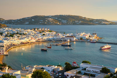 Mykonos island port with boats, cyclades islands, greece