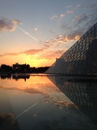 Reflection of silhouette buildings in lake against sky during sunset