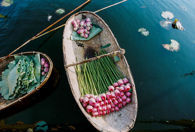 High angle view of fishing boat moored in river