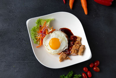 High angle view of breakfast served on table