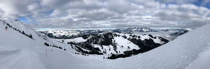 Panoramic view of snowcapped mountains against sky