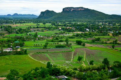 High angle view of agricultural field against sky