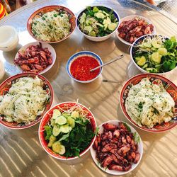 High angle view of meal served on table