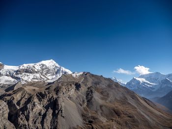 Scenic view of snowcapped mountains against clear blue sky