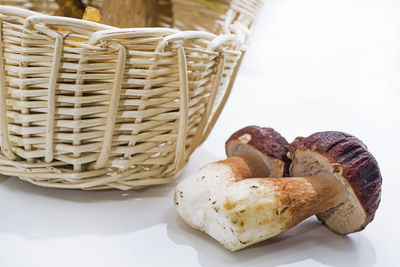 High angle view of bread in basket on table