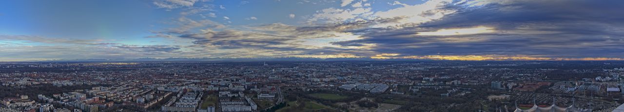 High angle view of townscape against sky during sunset