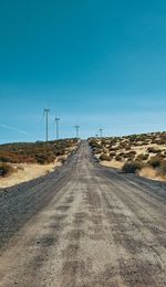 Road amidst field against clear blue sky