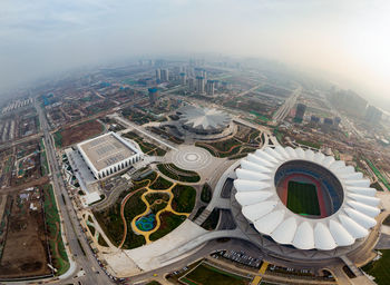 High angle view of buildings in city